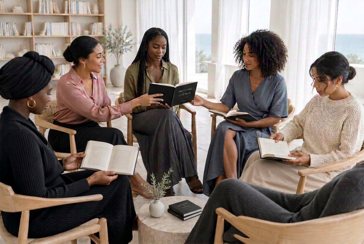 Women, mostly women of color, seated in a circle reading the Field Guide together