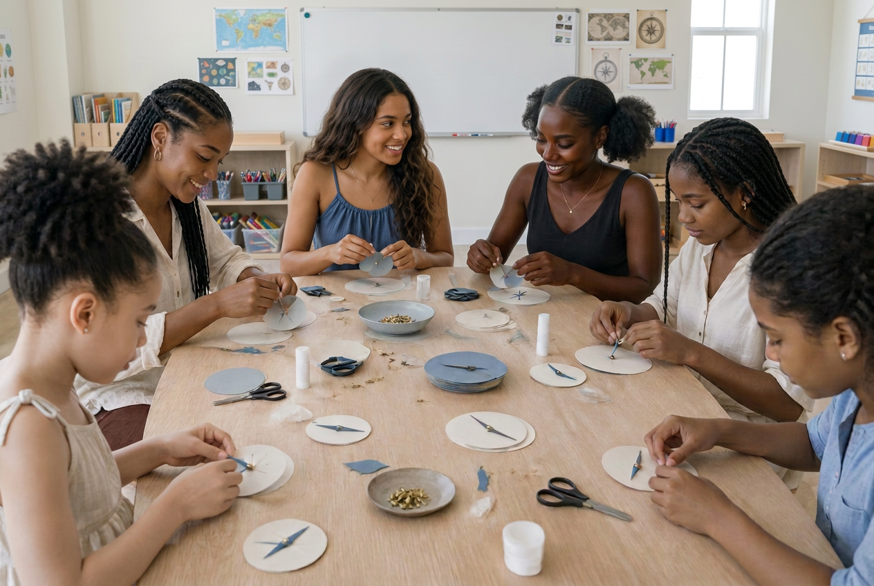 Girls and young women with a range of complexions making blue paper compasses together at a classroom table