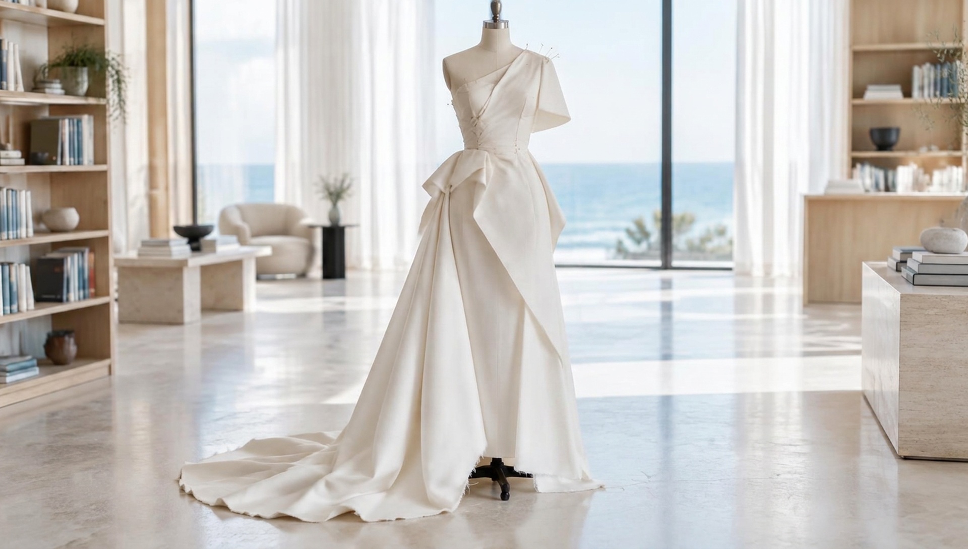 Half-finished ivory couture gown on a dress form in a light-filled bookstore opening onto the sea