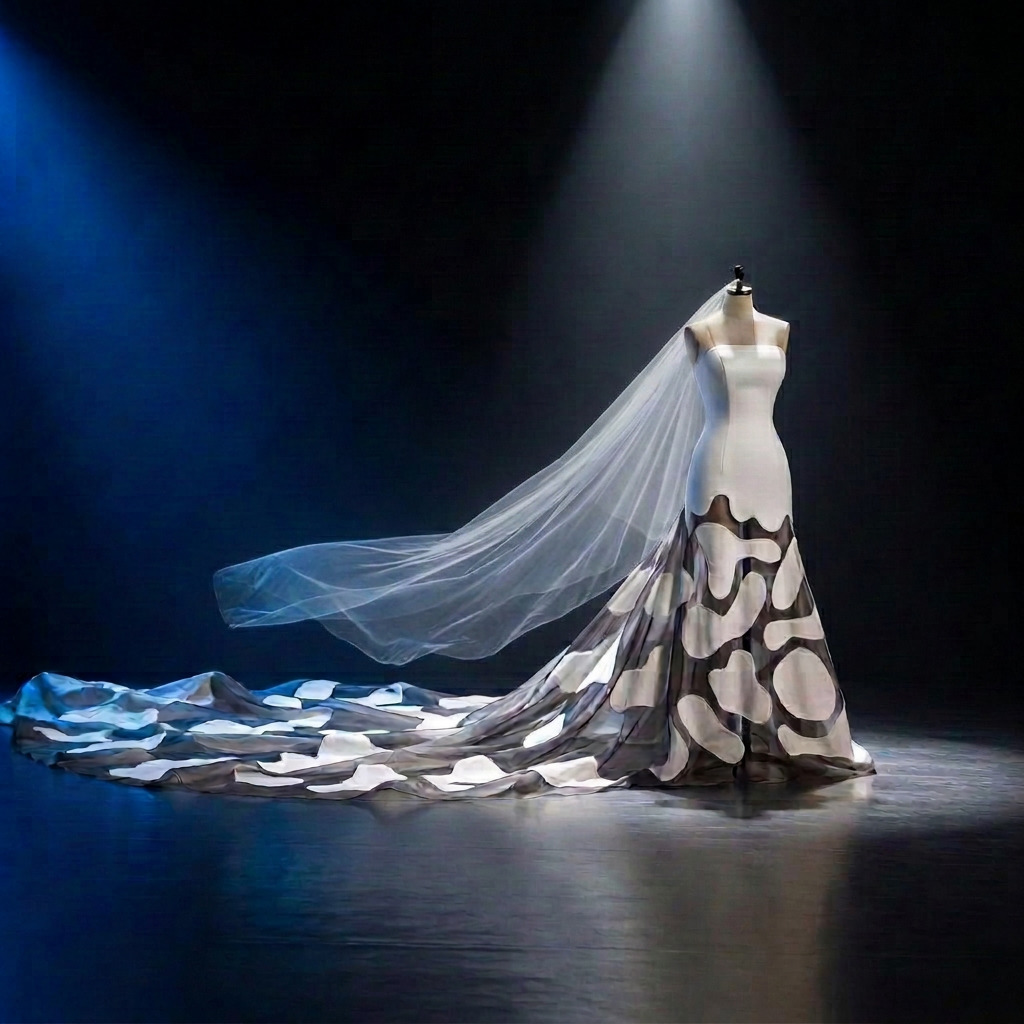 A strapless gown of white appliqué patches over sheer dark panels, with a long train, on a dress form under blue stage light
