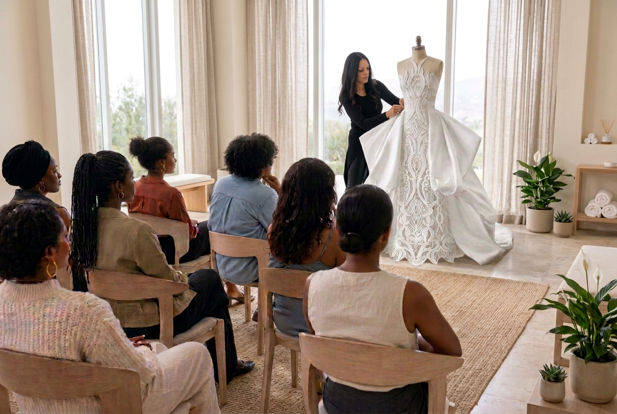 CC.Elaine in black adjusts the waist of her unfinished white gown on a dress form as seated guests watch in a sunlit wellness studio; the sculptural silk shantung overskirt frames a geometric embroidered sheer underlayer with a scalloped hem touching the floor